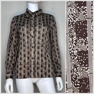 Vintage 1970s Brown Abstract Print Polyester Blouse, Fresh Start Size Medium